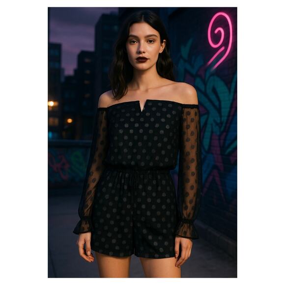 Express Pants - Express Black Metallic Polka Dot Romper Size M Off-Shoulder Long Sleeve NWT $88